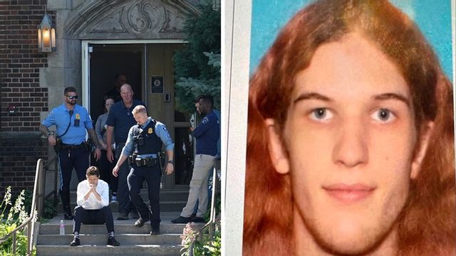 Till vänster, borgmästaren Jacob Frey sitter på trappstegen utanför skolan. Till höger: Massmördaren Robin Westman, som trodde att han var kvinna. Foto: AP/Privat