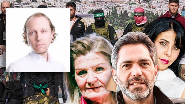 Axel Otterberg kritiserar hur public service skildrar Israel och Hamas. Till höger: SR:s Cecilia Uddén och Samar Hadrous till vänster och till höger. I mitten SVT:s Samir Abu Eid. Foto: SVT/TT