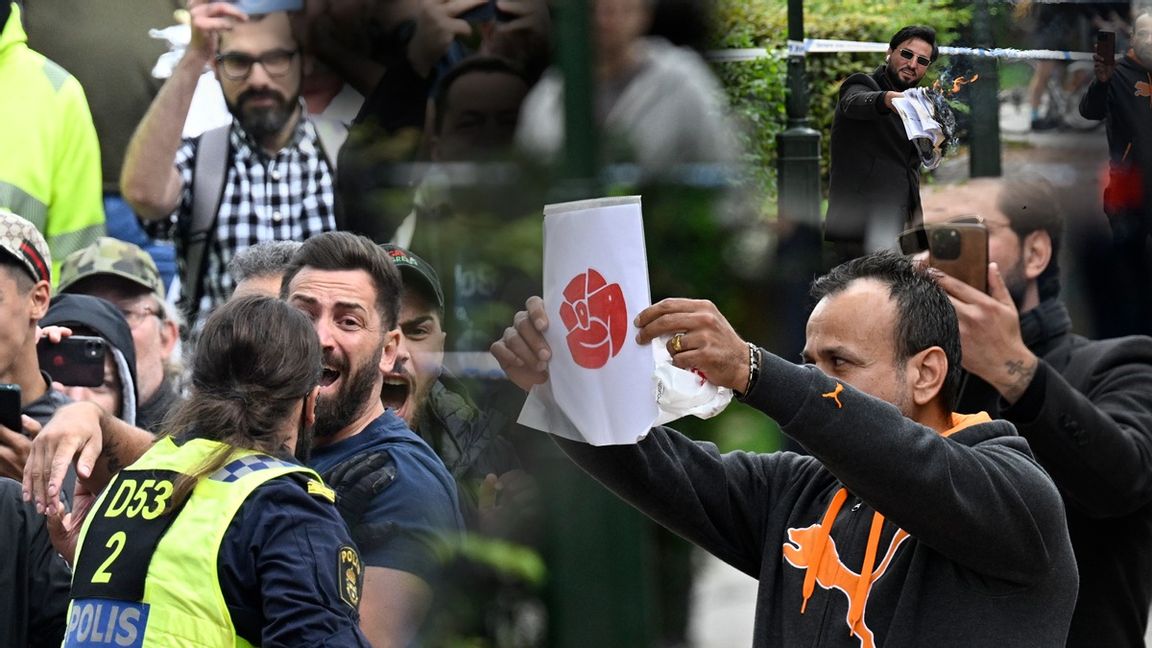 Salwan Momika och Salwan Najem möttes av en vild folkmassa på söndagen. Istället för en svensk flagga så höll Salwan Najem upp en bild på Socialdemokraternas ros. Najem påstår att han är medlem i S. Något Socialdemokraterna dementerar. Foto: Johan Nilsson/TT