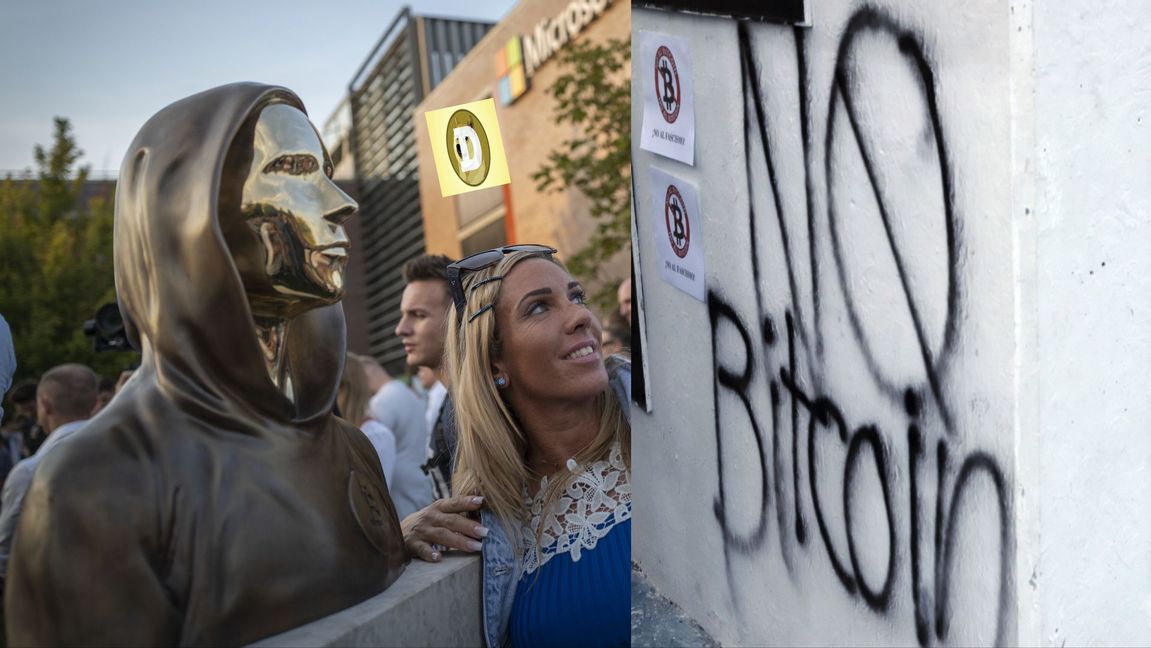 En kvinna tar en selfie med en staty av Bitcoins skapare Satoshi Nakamoto. Foto: TT/ AP Photo/Bela Szandelszky, ”No Bitcoin” målat på vägg. Foto: (AP Photo/Salvador Melendez/TT. Dogecoins logotyp. Foto: AP Photo/Richard Drew/TT