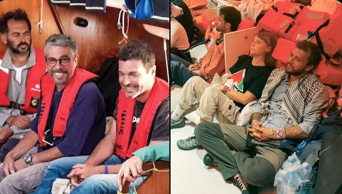 Aktivister, bland dem svenska Greta Thunberg, på en bild släppt av Israels UD efter att Global Sumud Flotillas fartyg bordats av israelisk militär. Israels utrikesdepartement via AP/TT