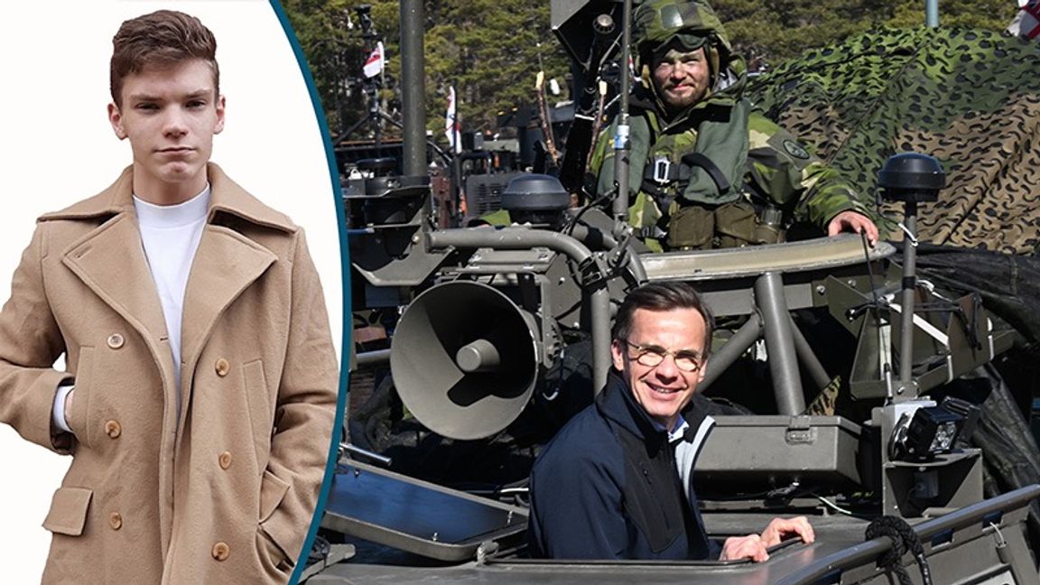 Statsminister Ulf Kristersson (M) i samband med militärövningen Aurora 23 där svenska amfibiesoldater övade anfall med Royal Marines på Korsö. Foto: Fredrik Sandberg/TT