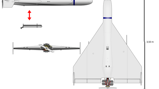 En vanlig kamikazedrönaremodell som Ryssland använt mot ukrainska städer är Shahed 136/Geran 2-drönare, som här ses från olika håll. Illustration: Alexpl / https://commons.wikimedia.org/wiki/Commons:Licensing