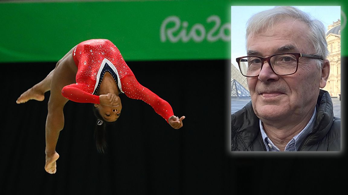 Världsgymnasten Simone Biles i OS i Rio 2016. Och Bulletins krönikör Torsten Sandström. Foto: Fernando Frazão/Agência Brasil (CC BY 2.0)/Privat