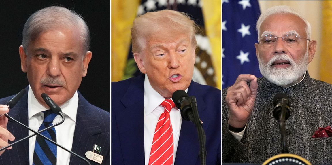 Pakistans premiärminister Shehbaz Sharif (vänster) och Indiens dito Narendra Modi (höger) enades om vapenvila efter amerikansk medling. Därefter har explosioner hörts i den indiskkontrollerade delen av Kashmir. AP/TT