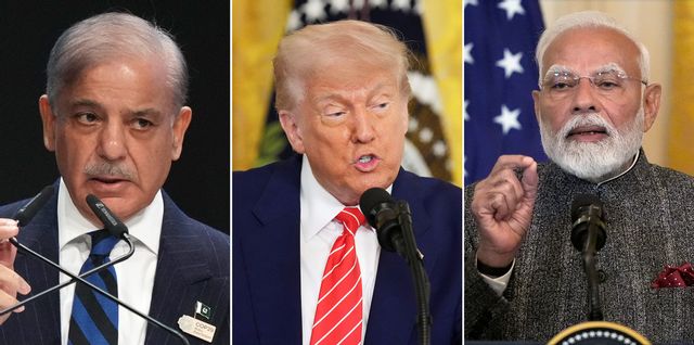 Pakistans premiärminister Shehbaz Sharif (vänster) och Indiens dito Narendra Modi (höger) enades om vapenvila efter amerikansk medling. Därefter har explosioner hörts i den indiskkontrollerade delen av Kashmir. AP/TT