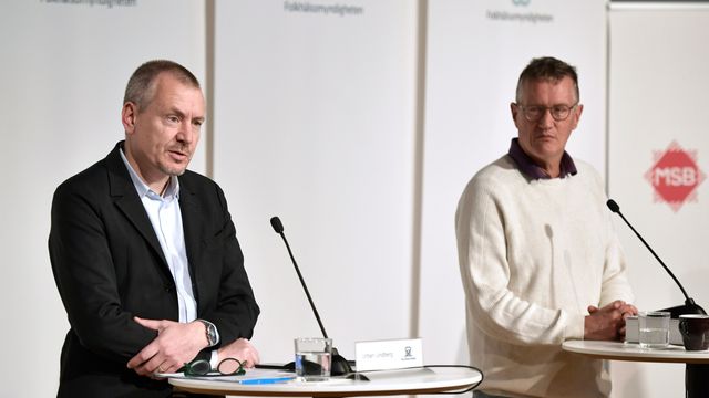 Urban Lindberg, avdelningschef, Socialstyrelsen och Anders Tegnell, statsepidemiolog, Folkhälsomyndigheten. Foto: Duygu Getiren / TT
