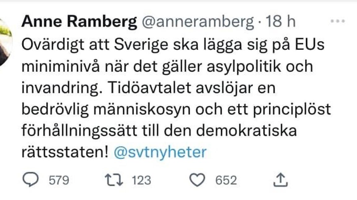 Anne Rambergs twittrande i falsett speglar inte riktigt att Sverige kommer att ha regler ungefär som resten av EU. Foto: Twitter