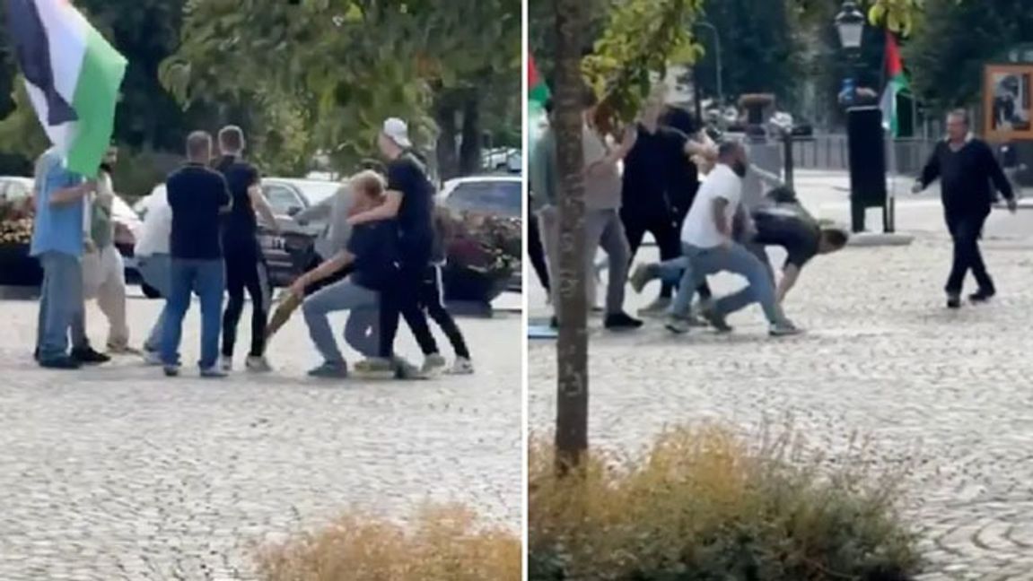 Bilder från händelsen i Uddevalla där en man fick hjärnskakning efter att ha slängts mot marken. Foto: Skärmdump via Riks