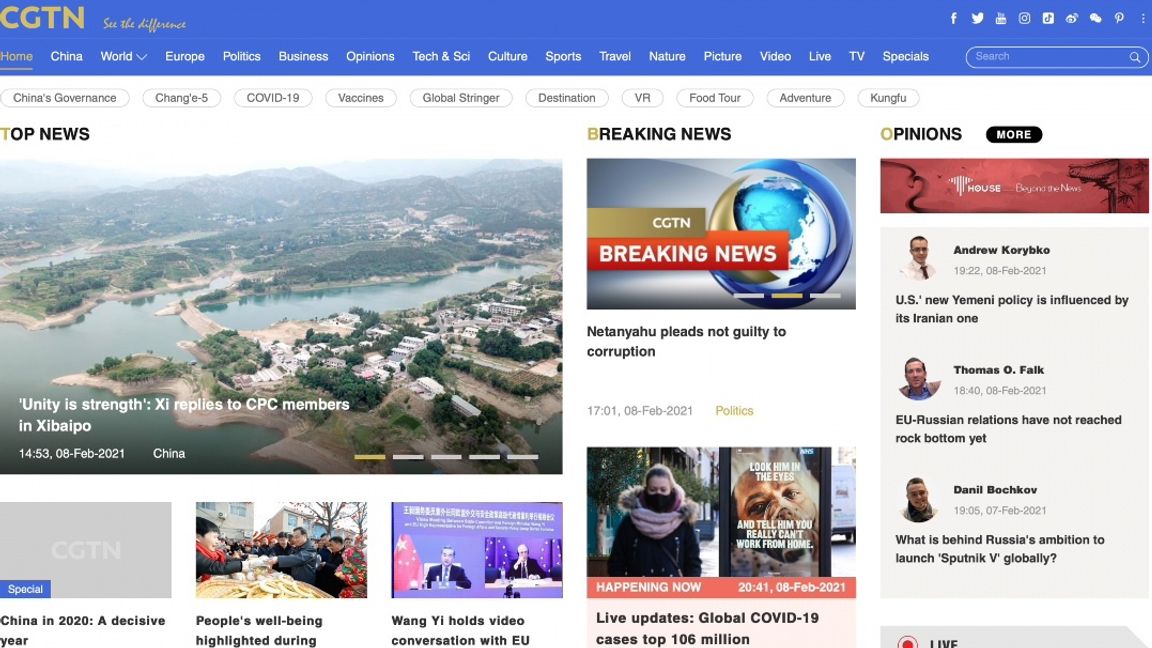 Skärmdump. Kanalen CGTN.