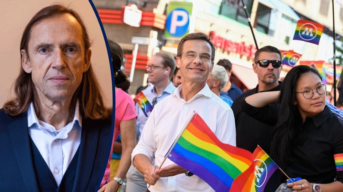 Ulf Kristersson (M) i Pridetåget i Stockholm 2023. Foto: Oscar Olsson/TT