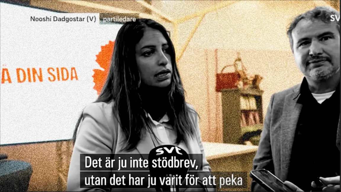 Nooshi Dadgostar, Vänsterpartiets partiledare, avfärdar bestämt uppgifterna om en stor brevkampanj. Foto: Skärmdump video SVT Play