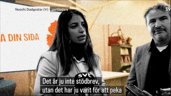 Nooshi Dadgostar, Vänsterpartiets partiledare, avfärdar bestämt uppgifterna om en stor brevkampanj. Foto: Skärmdump video SVT Play