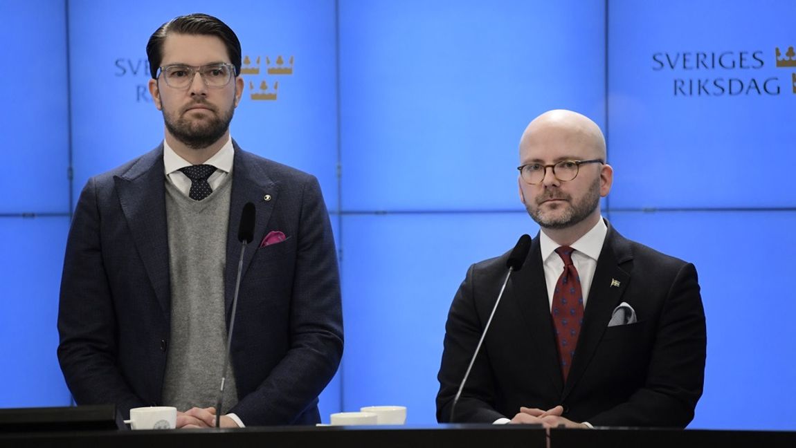 Jimmie Åkesson och Charlie Weimers vill se en ny strategi för EU. Foto: Janerik Henriksson/TT