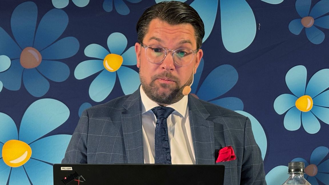 Sverigedemokraternas partiledare  Jimmie Åkesson från landsdagarna i Örebro. Maria Davidsson/TT