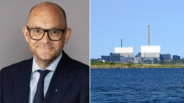 Johan Britz (L), tillförordnad klimat- och miljöminister, tog emot ansökan på måndagen. Till höger: Oskarshamns kärnkraftverk. Foto: Kristian Pohl/Regeringskansliet/Anchor2009 via Wikimedia Commons (CC BY-SA 3.0)