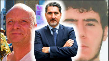 Jonas Gardell (v) har skrivit en krönika om Abdul Ballouts (hö) terrordåd i Berlin. Advokaten Nima Rostami (mitt) är inte imponerad. Foto: Skärmbild X/Privat/Frankie Fouganthin (CC BY-SA 3.0) 