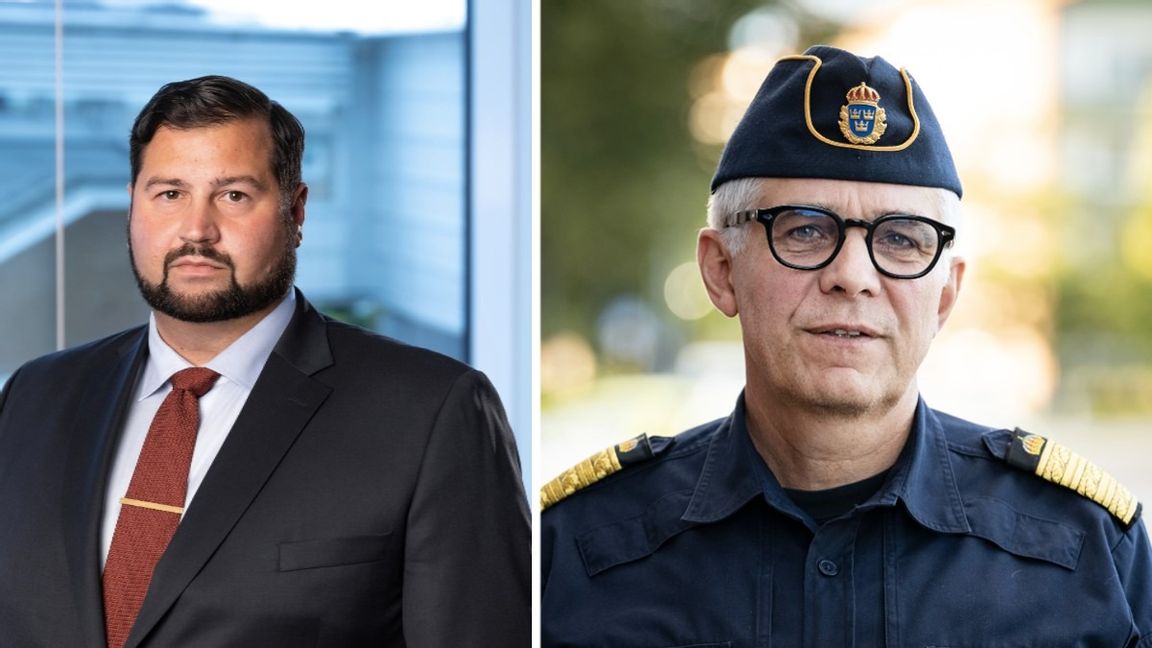 Joakim Söderström, vd för Svensk Bakgrundsanalys och rikspolischef Anders Thornberg (till höger i bild). Foto: Johan Nilsson/TT/Roger Nellsjö