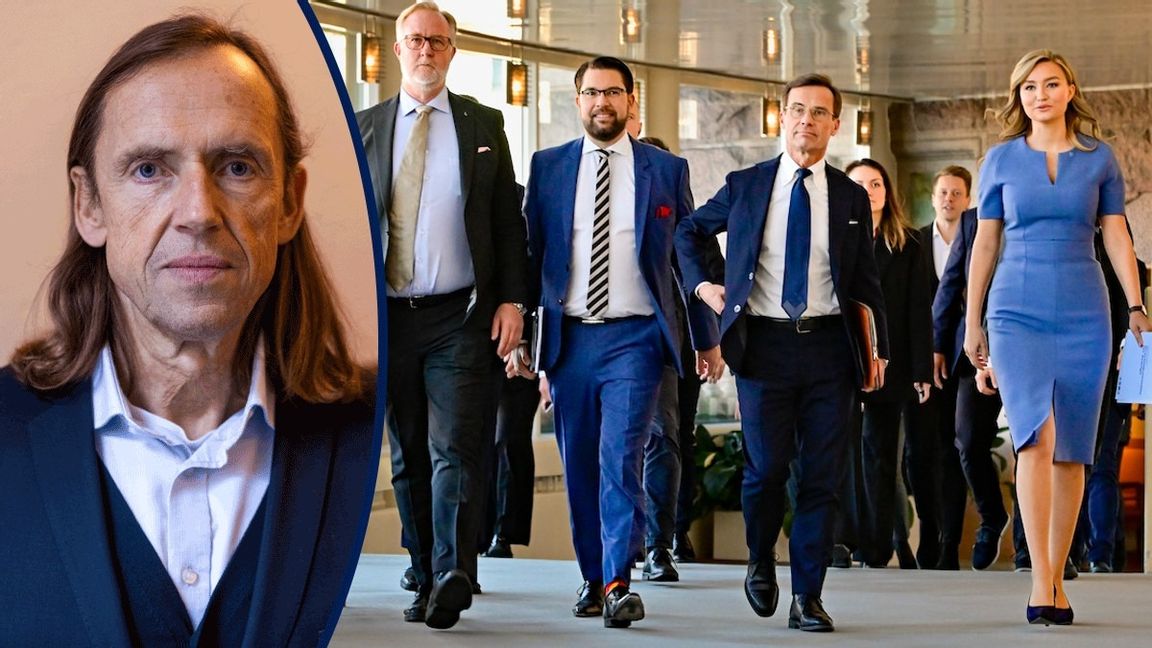 De fyra samarbetspartiernas ledare Ulf Kristersson (M), Jimmie Åkesson (SD), Ebba Busch (KD) och Johan Pehrson (L) – enligt Civil Rights Defenders ett hot mot rättstaten och demokratin. Foto: Jonas Ekströmer/TT