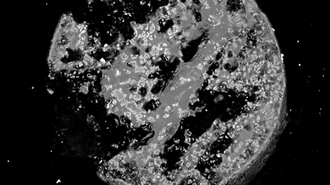 Hiroshimait sedd genom ett elektronmikroskop. Foto: SCIENCE ADVANCES / BINDI ET AL
