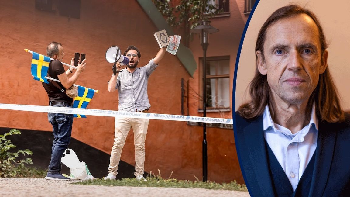 När syriern Salwan Momika genomför sina hårt marknadsförda koranbränningar ser han till att den svenska flaggan alltid är i centrum. Foto: Stefan Jerrevång/TT