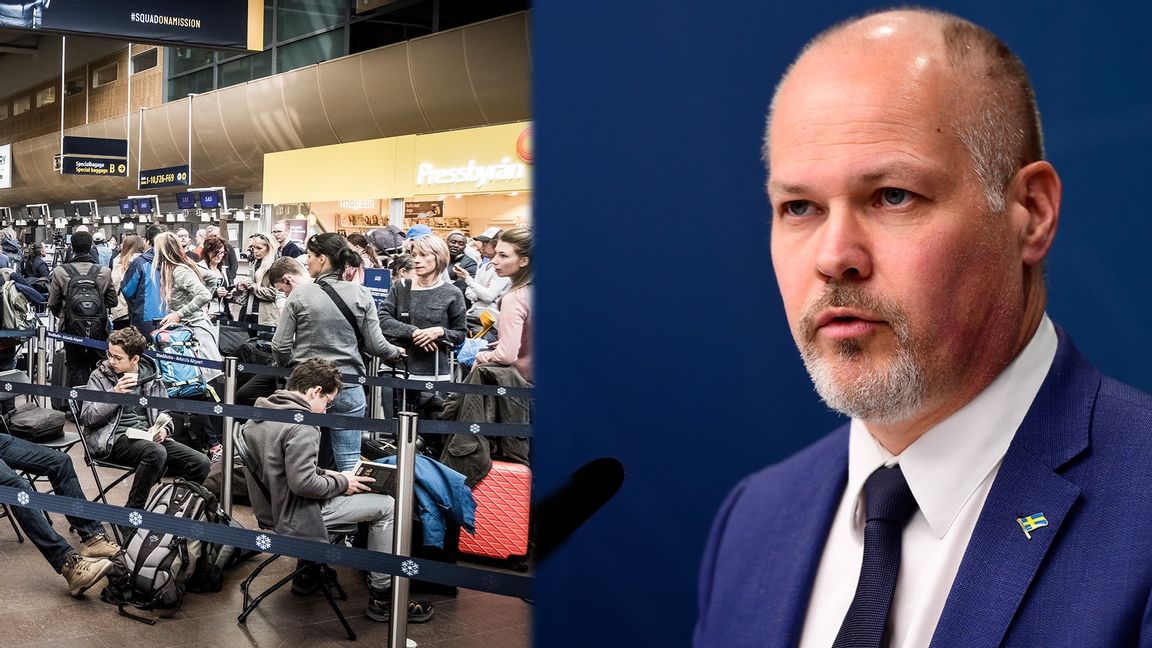 I ett brev adresserat till justitieminister Morgan Johansson vädjar Transportföretagen om förändring på Arlanda. Foto: Magnus Hjalmarson Neideman/SvD/TT (Kö) / Paul Wennerholm/TT (Johansson)