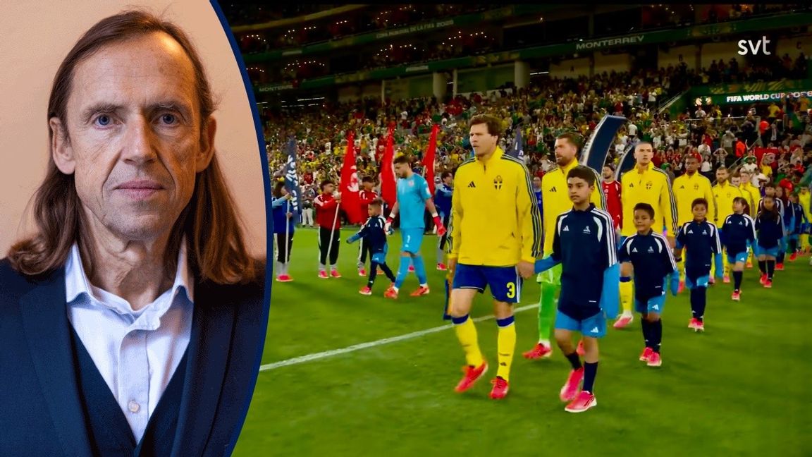 Det svenska fotbollslandslaget tågar in på arenan inför mötet med Tunisien. Foto: Skärmbild från SVT.