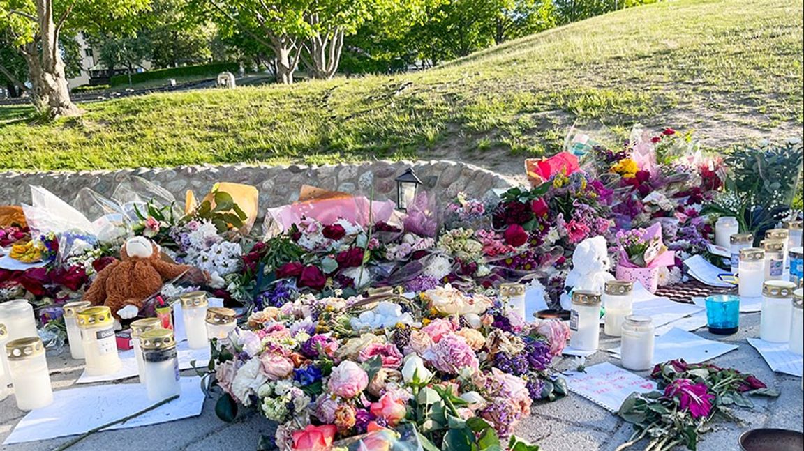 Nedlagda blommor där 15-åringen höggs till döds i Lumaparken. Foto: Johan Jeppsson / TT