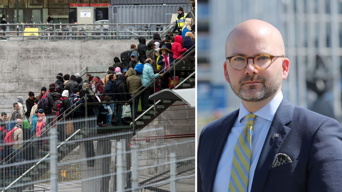 Flyktingar och migranter på tågstationen i Hyllie i södra Malmö, samt bild av Charlie Weimers, sverigedemokratisk europaparlamentariker. Foto: TT/Privat.