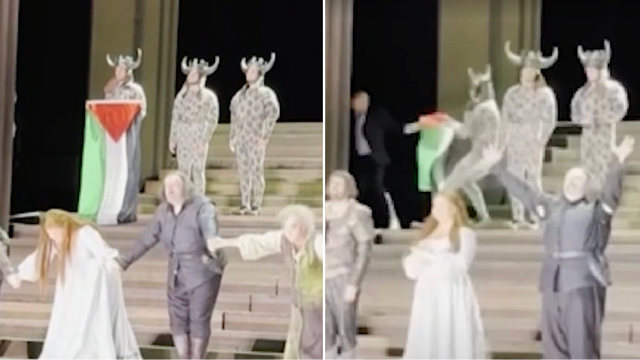 Tumult utbröt på Royal Opera House när en dansare höll upp en palestinsk flagga under applåderna efter ”Il Trovatore”. Foto: NBC News