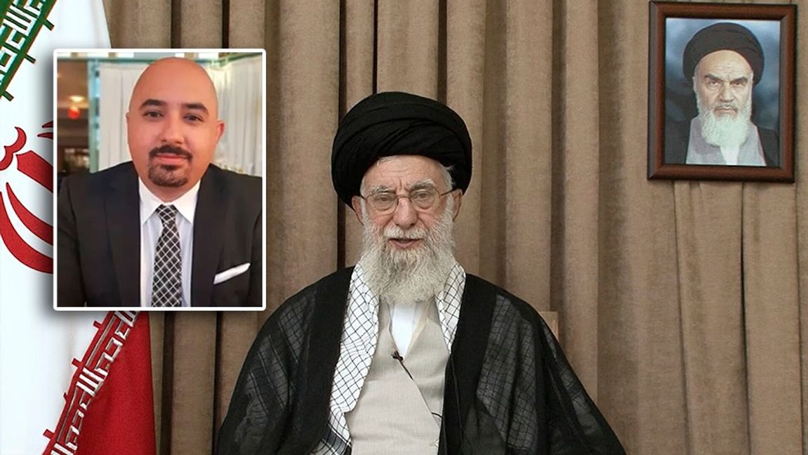 – Islamiska regimen är mycket, mycket svagare än tidigare, säger Arvin Khoshnood. Men han varnar också för att regimen kan gå stärkta ur krisen. I bilden: Arvin Khoshnood och Irans högste ledare Ali Khamenei. Foto: Privat/AP/TT