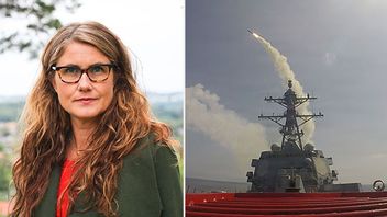 T.v  Janine Alm Ericson, t.h Tomahawk-missil avfyras från USS Frank E. Petersen Jr. 28 februari. Bild: James Hughes/www.mp.se/CC BY-SA 4.0/Public domain