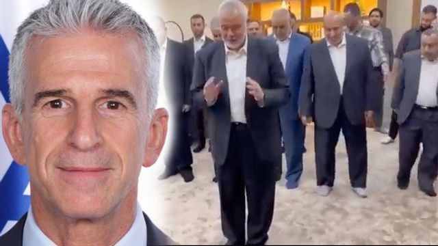 Hamas ledarskikt, till höger, med Ismail Hanyieh längst fram, lever på lånad tid. Åtminstone om man ska tro Mossadchefen David Barnea, till vänster. Foto: Pressbild/X