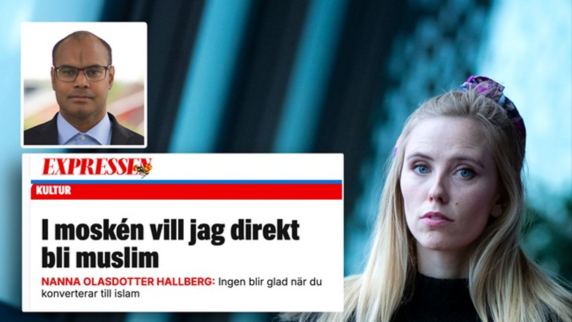 Ronie Berggren läser Nanna Olasdotter Hallbergs reportage om islam. Bilden är ett montage. Foto: Pontus Lundahl/TT/Pressbild/Faksimil Expressen