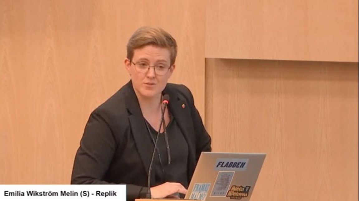 Emilia Wikström Melin (S). Foto: Skärmdump från sammanträde i Stockholms regionfullmäktige.