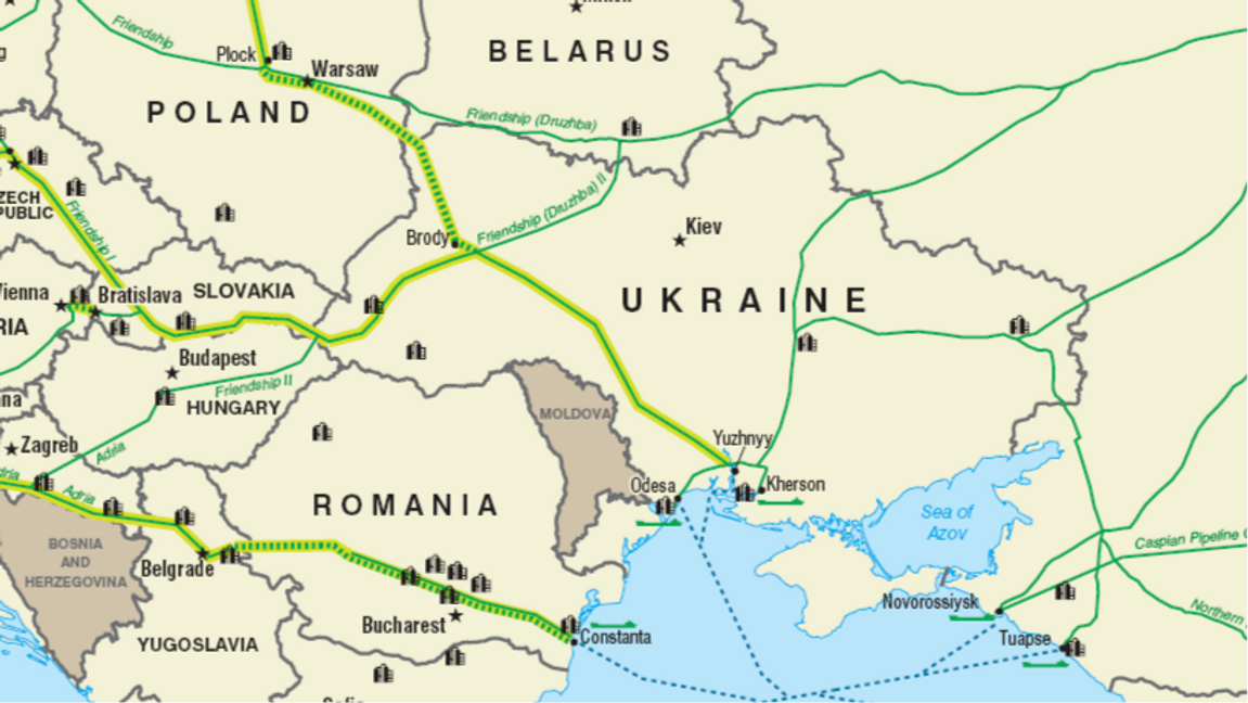 Oljeledningen ”Druzjbas” sträckning genom Ukraina, Ungern och Slovakien med omnejd. Bildkälla: United States Department of Energy (Public domain)