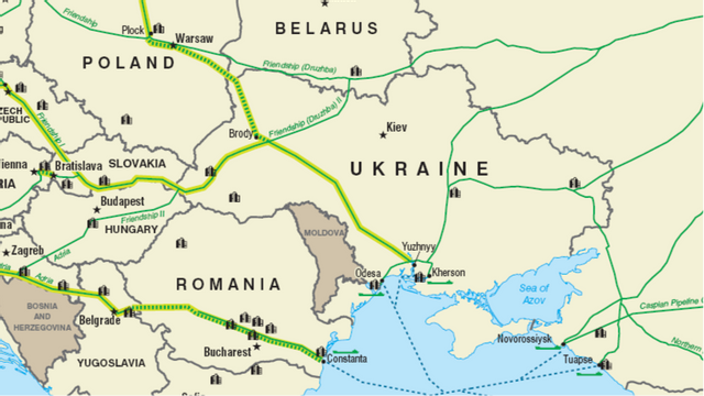 Oljeledningen ”Druzjbas” sträckning genom Ukraina, Ungern och Slovakien med omnejd. Bildkälla: United States Department of Energy (Public domain)