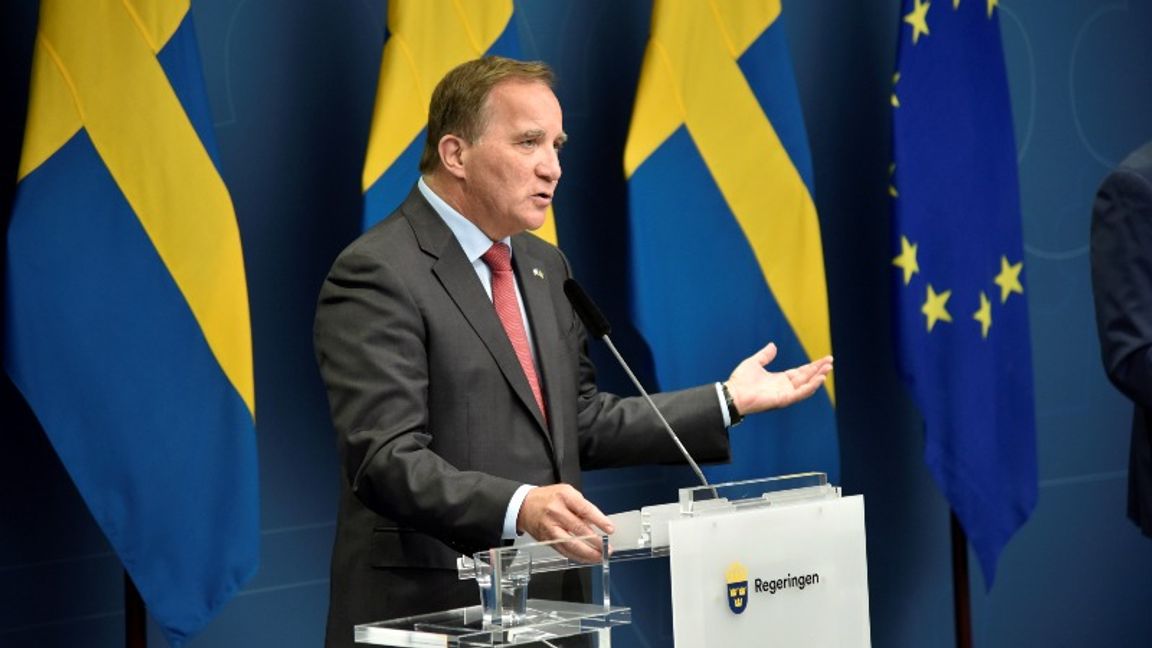 Pressträff Stefan Löfven. Foto: Lars Schröder / TT. 