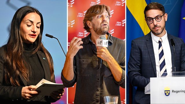Liberalen Robert Hannah (till höger) försvarar kulturminister Parisa Liljestrand, och sågar filmregissören Ruben Östlund. Foto: Björn Larsson Rosvall/Christina Kronér/Stefan Jerrevång/TT