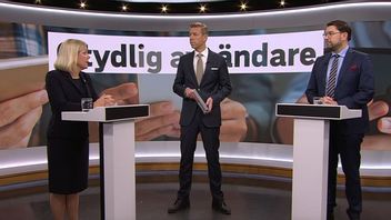 Magdalena Andersson och Jimmie Åkesson i debatt. Foto: Skärmdump SVT.