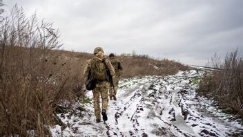 Två ukrainska gränsvakter patrullerar nära gränsen till Ryssland i regionen Sumy. Arkivbild. Hanna Arhirova/AP/TT
