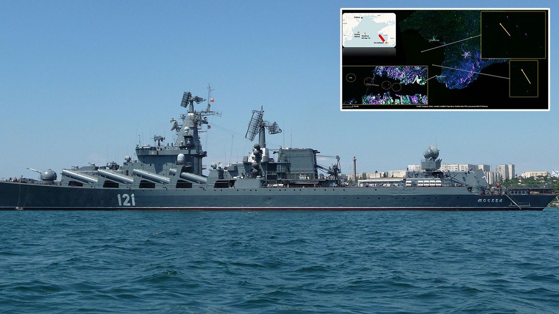 Här är satellitbilderna som troligtvis föreställer Moskvas sista tid till sjös. Foto: George Chernilevsky/Naval News