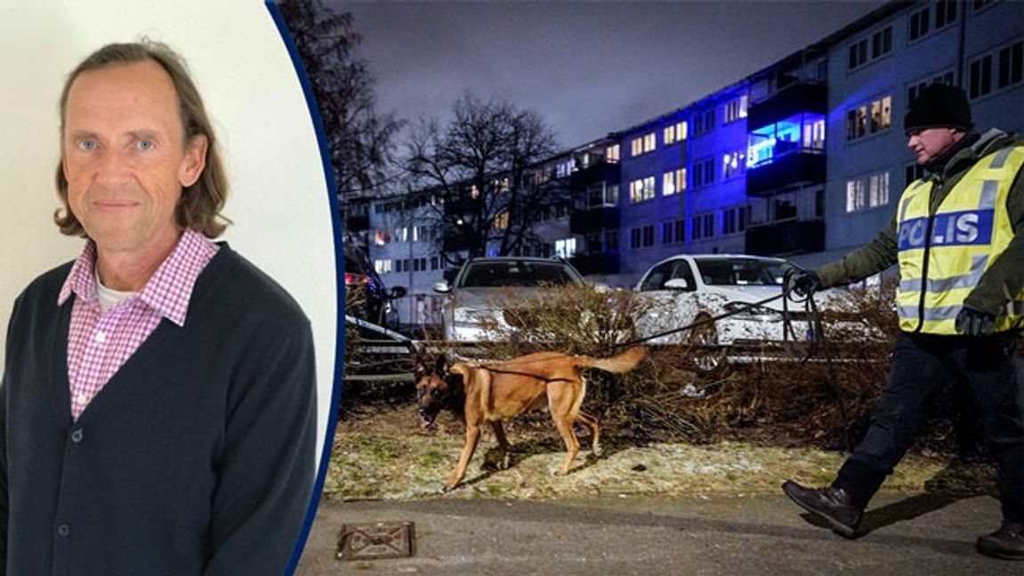 Polis med hund i Biskopsgården i Göteborg efter ännu en skottlossning i stadsdelen. Foto: Björn Larsson Rosvall/TT