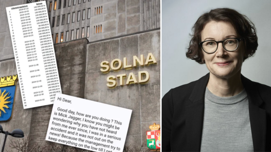 Malin Eriksson, ekonomichef på Solna kommun, berättar om hur kommunen arbetar med sina säkerhetskontroller efter att en tidigare anställd förde över 18,3 miljoner kronor till en påstådd rocksångare. Montage. Foto: Skärmdumpar/Janerik Henriksson/TT/Tommy Jansson