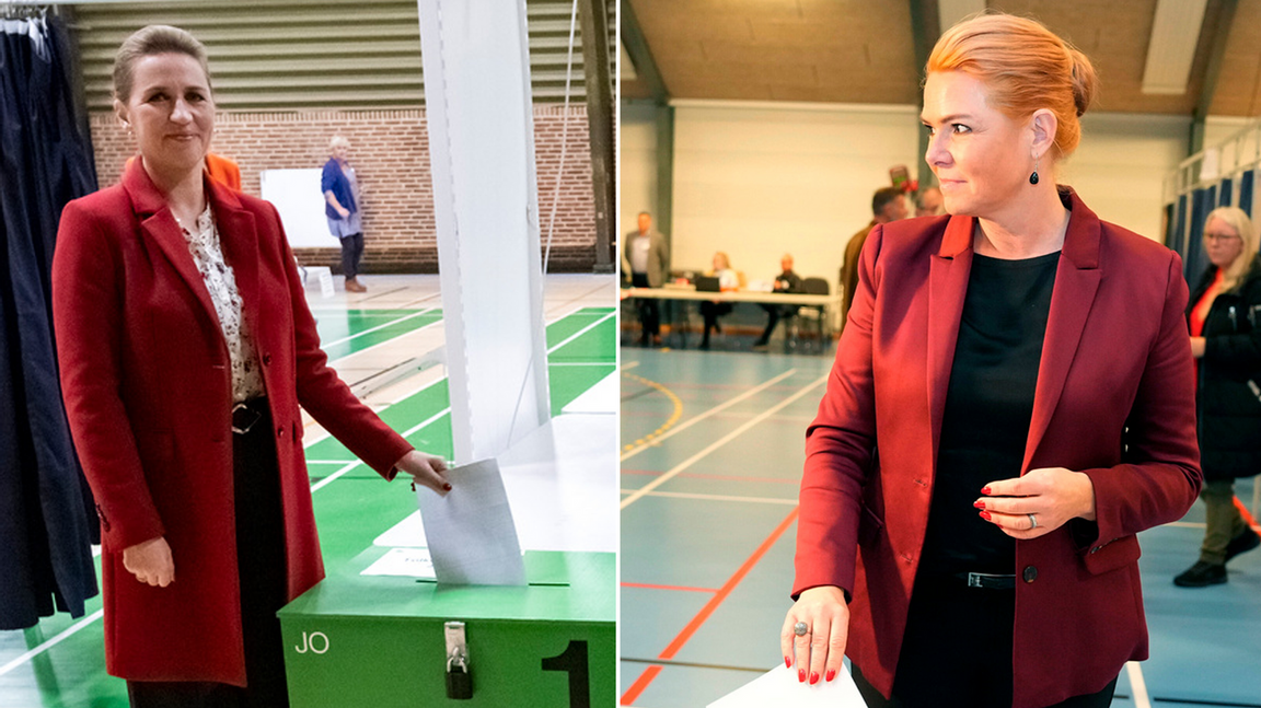 Mette Frederiksen (S) och Inger Støjberg (Æ) i vallokaler. Foto: Johan Nilsson/Henning Bagger/TT