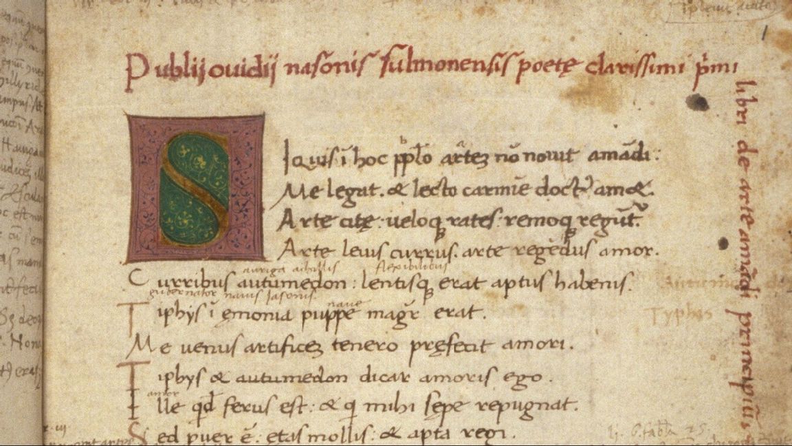 De inledande orden i Ovidius Ars Amatoria, italiensk handskrift från tidigt 1400-tal, Bodleian Library, Oxford.