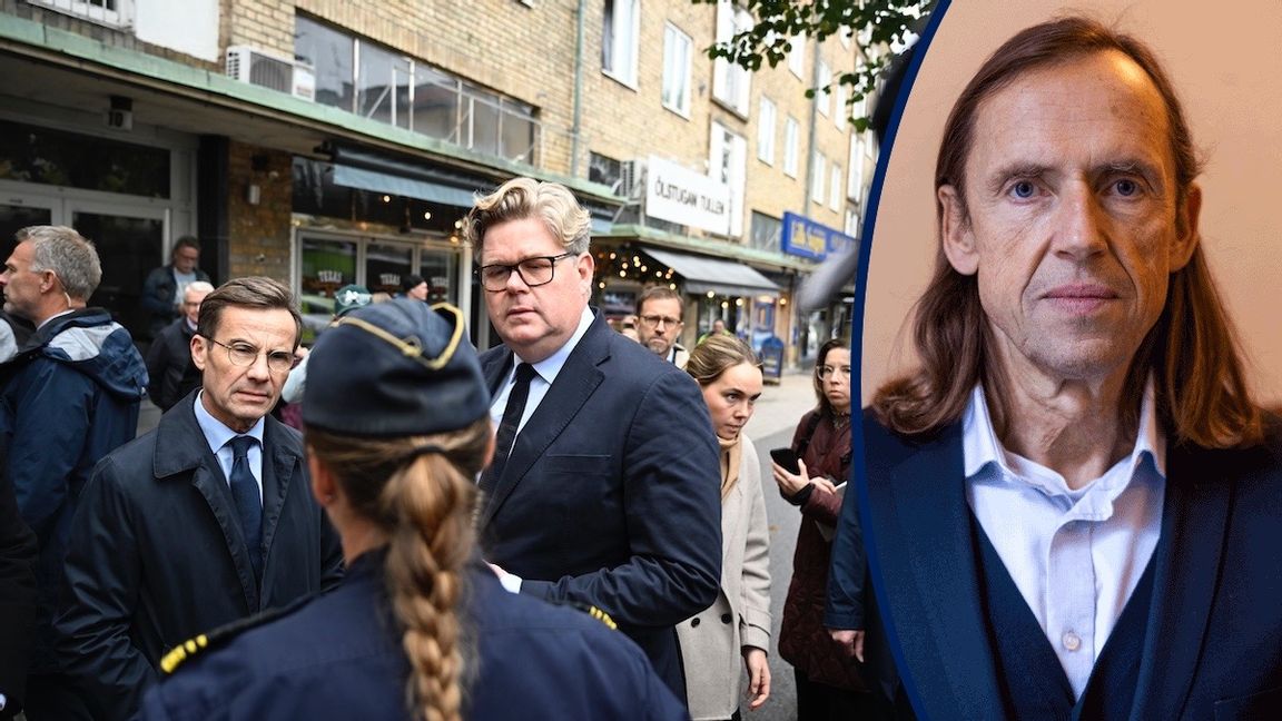 Statsminister Ulf Kristersson (M) och justitieminister Gunnar Strömmer (M) på besök i Gävle förra veckan. Detta efter att en 13-årig gärningsman skjutit sex personer. Foto: Pontus Lundahl/TT