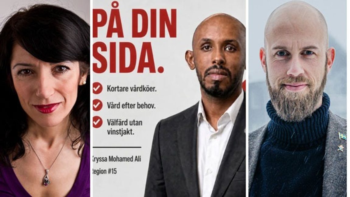 F.v. Amineh Kakabaveh, Mohamed Abdukardir Ali (V) och Carl-Oskar Bohlin (M). Foto: Gabriel Liljevall, CC BY 3.0/Vänsterpartiet/Tom Samuelsson, CC BY-SA 4.0.