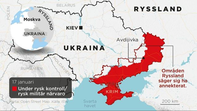 Områden i Ukraina under rysk kontroll eller med rysk militär närvaro den 17 januari. Grafik: ANDERS HUMLEBO/TT
