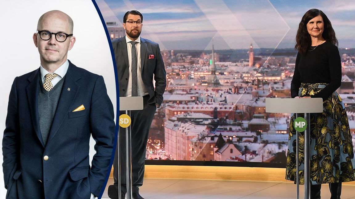 Jimme Åkesson och Märta Stenevi i partiledardebatten i TV4. Foto: Fredrik Sandberg /TT